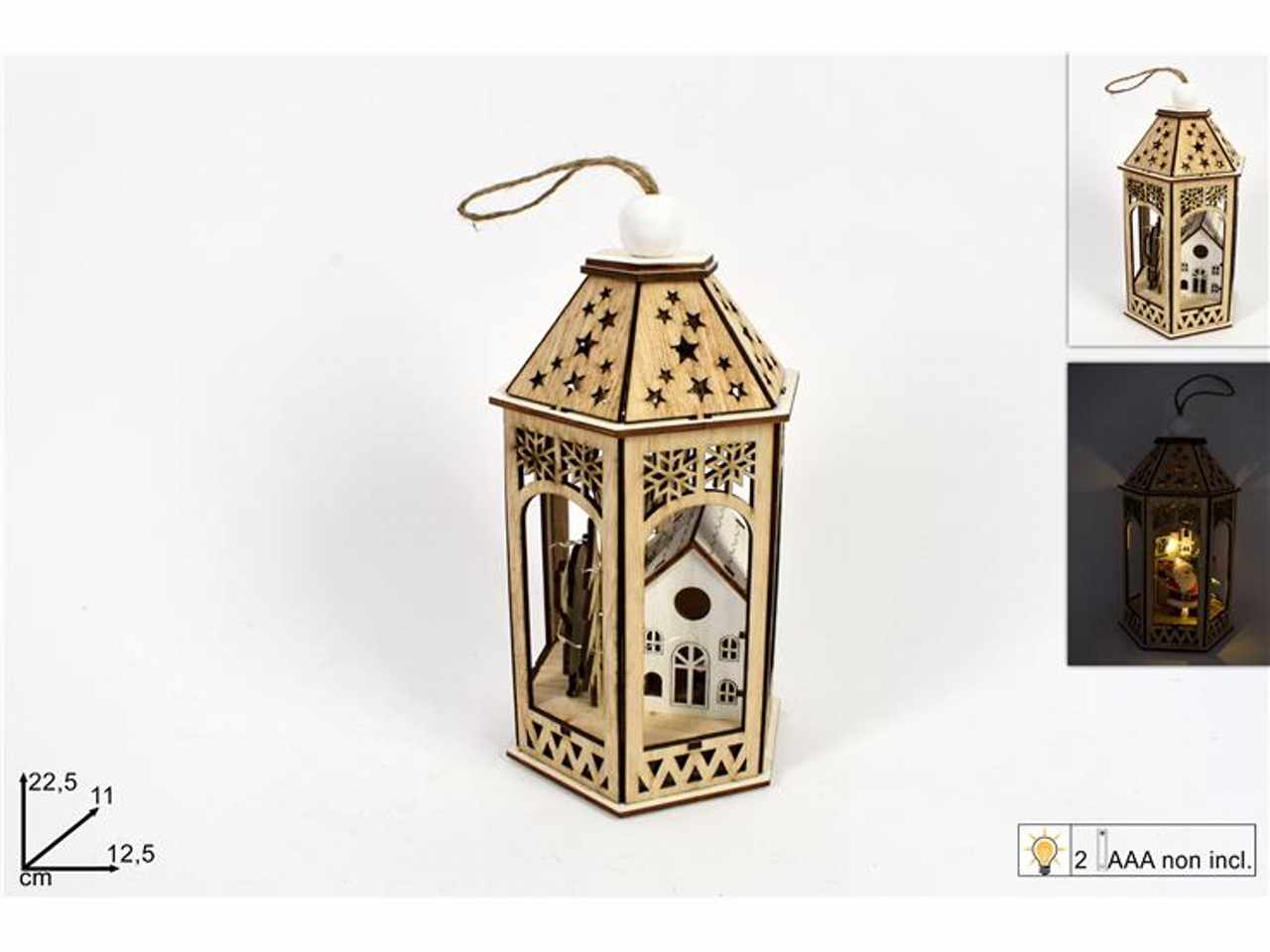 Lanterna legno esagonale con babbo natale con luci batteria 22,5x11x12,5cm