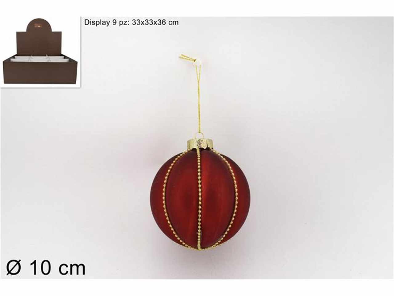 Palla vetro d.10cm rossa opaco con filo perline oro