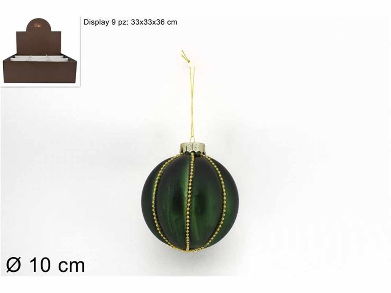 Palla vetro d.10cm verde opaco con filo perline oro
