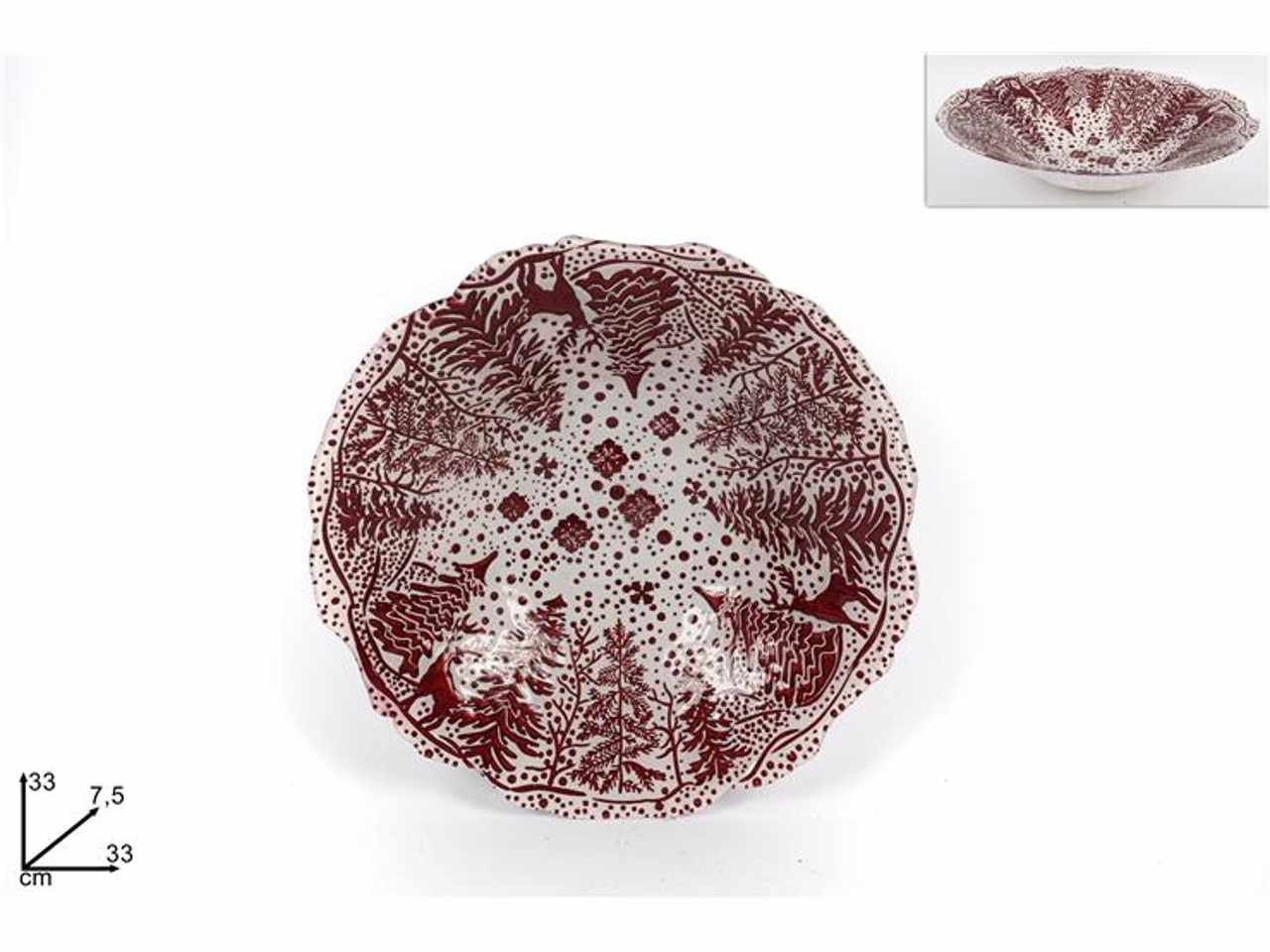 Centrotavola vetro natalizio 33cm bianco decorato rosso