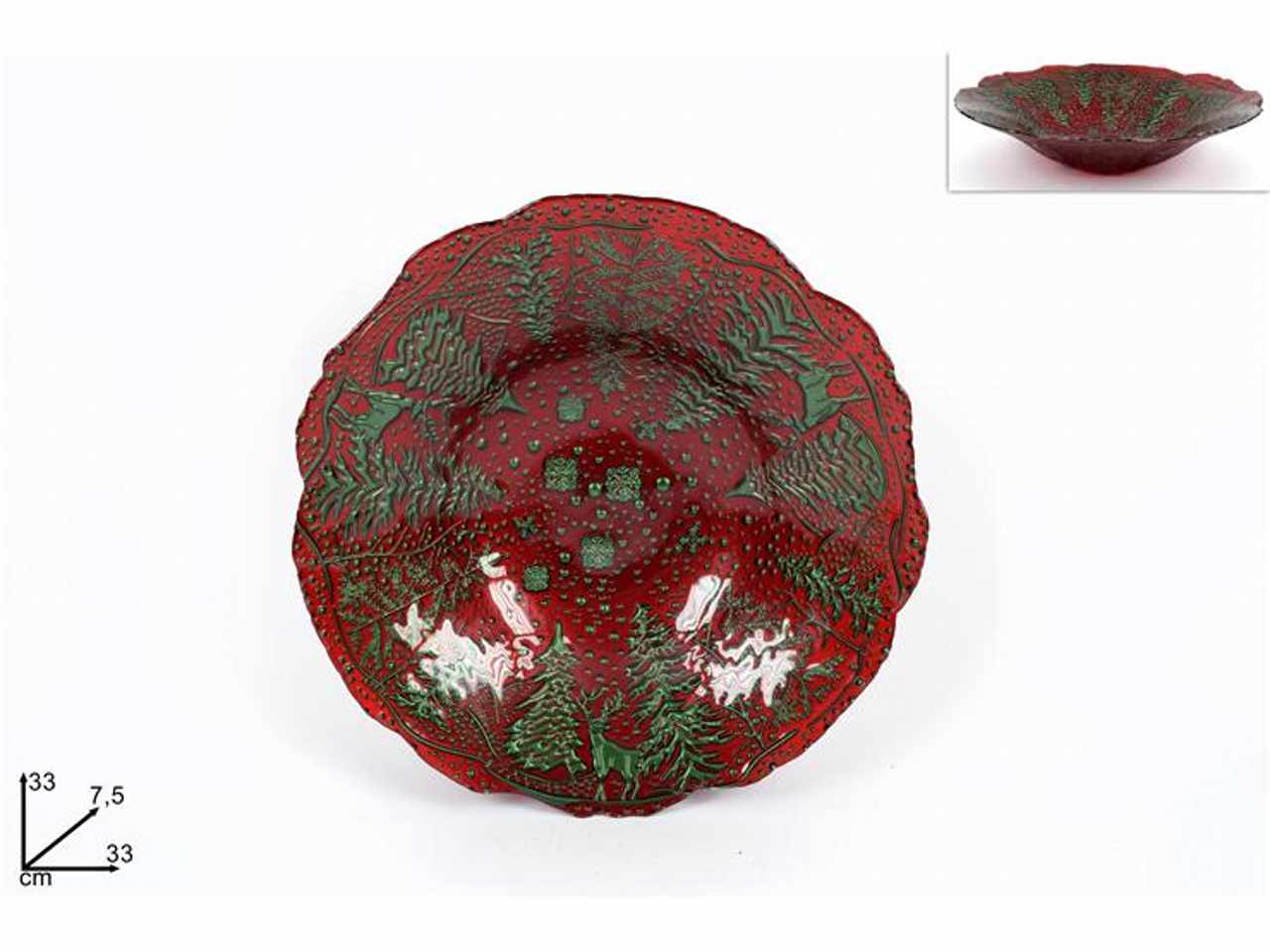 Centrotavola vetro natalizio 33cm rosso decoro verde