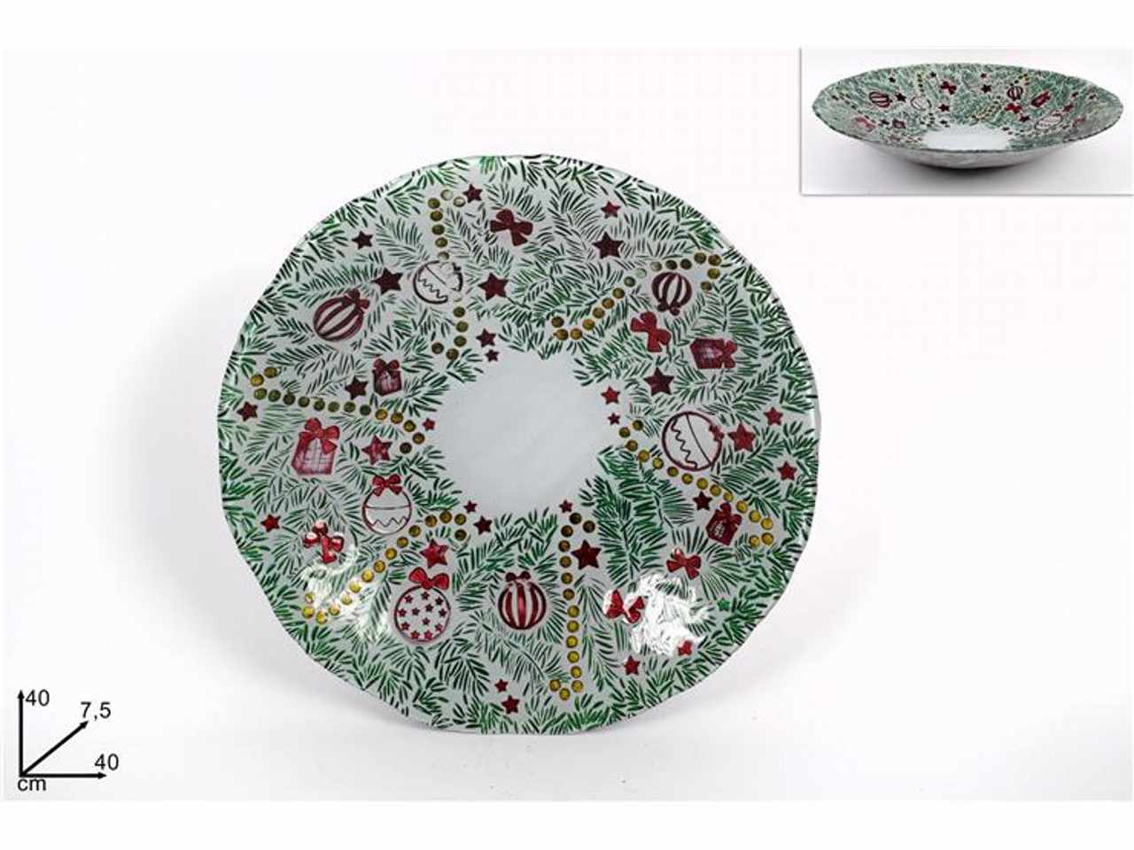 Centrotavola vetro natalizio 40cm bianco decoro ghirlanda