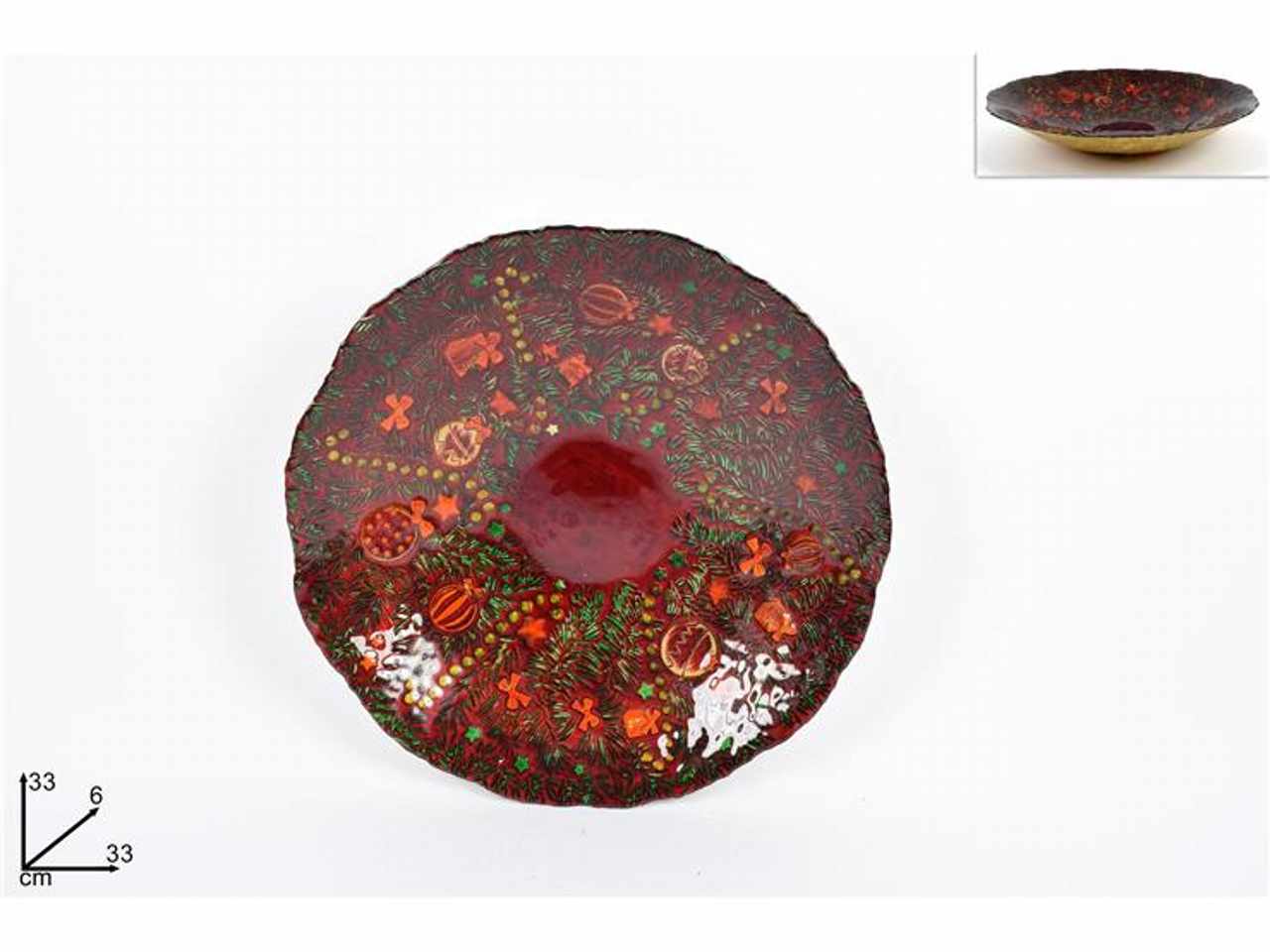 Centrotavola vetro natalizio 33cm rosso decoro ghirlanda