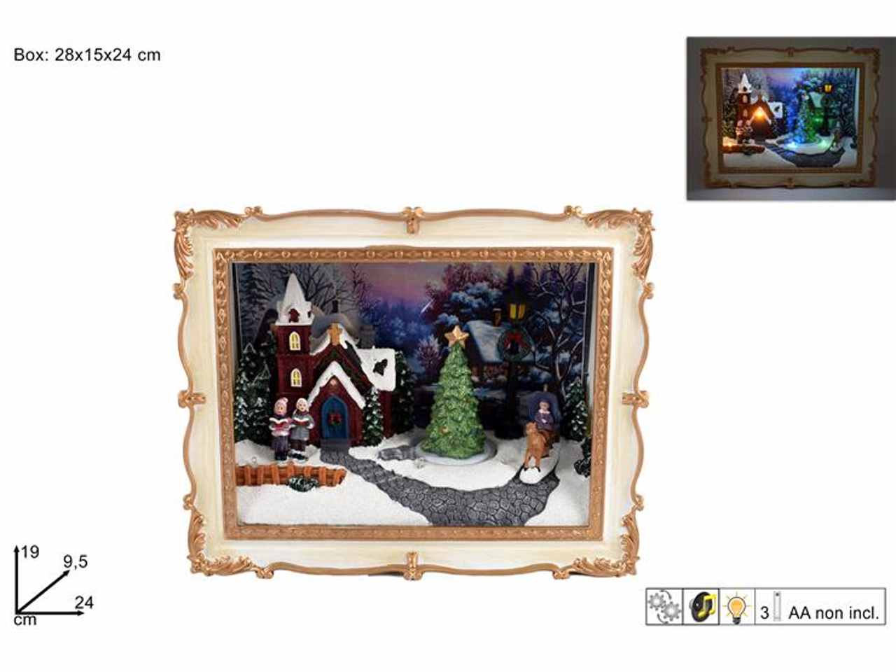 Giostrina natalizia cornice villaggio con movimento luci e suono con batterie 19x9,5x24cm