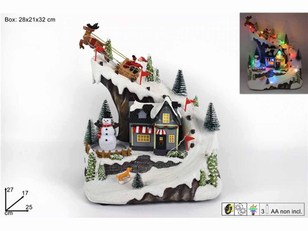 Giostrina natalizia con slitta e pupazzo di neve con luci movimento suoni 27x17x25cm con batteria