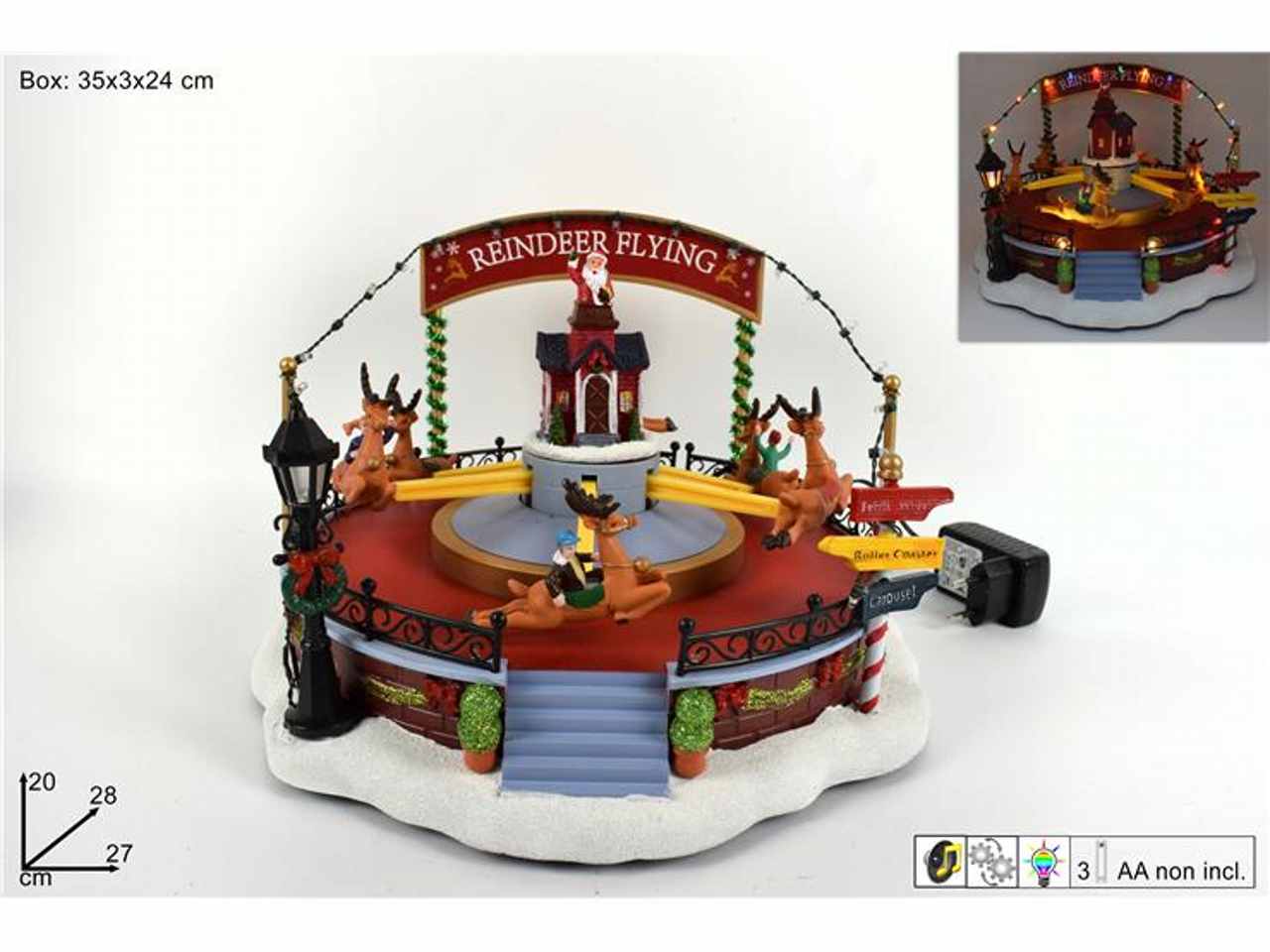 Giostrina natalizia con babbo natale e renne movimento luci suono 20x28x27cm con trasformatore