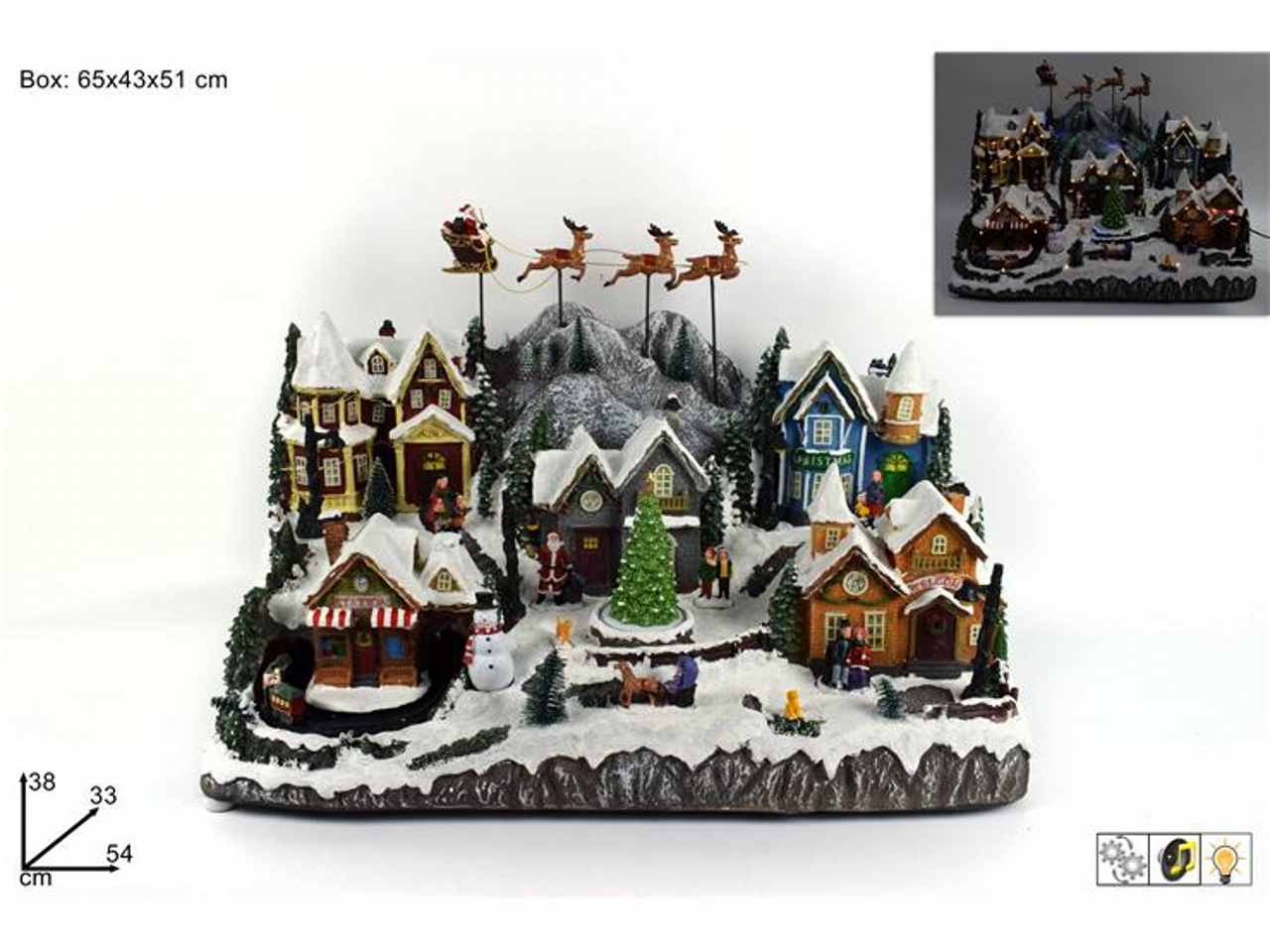 Giostrina natalizia villaggio con babbo natale renne treno con movimento luci suoni 38x33x54cm con trasformatore