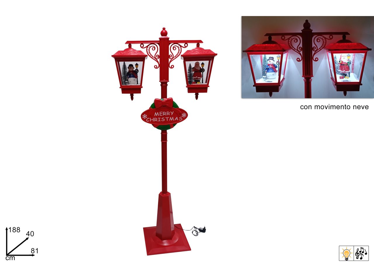 Lampione doppio natalizio con babbo natale con movimento, neve e luce con trasformatore