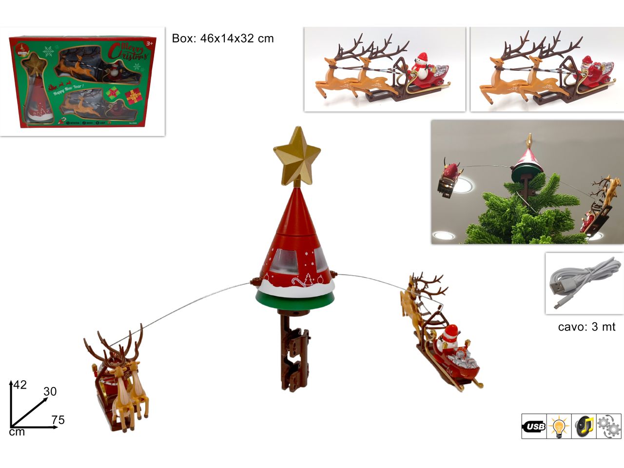 Puntale per albero di natale slitta di babbo natale con renne e movimento con luce e musica con cavo usb