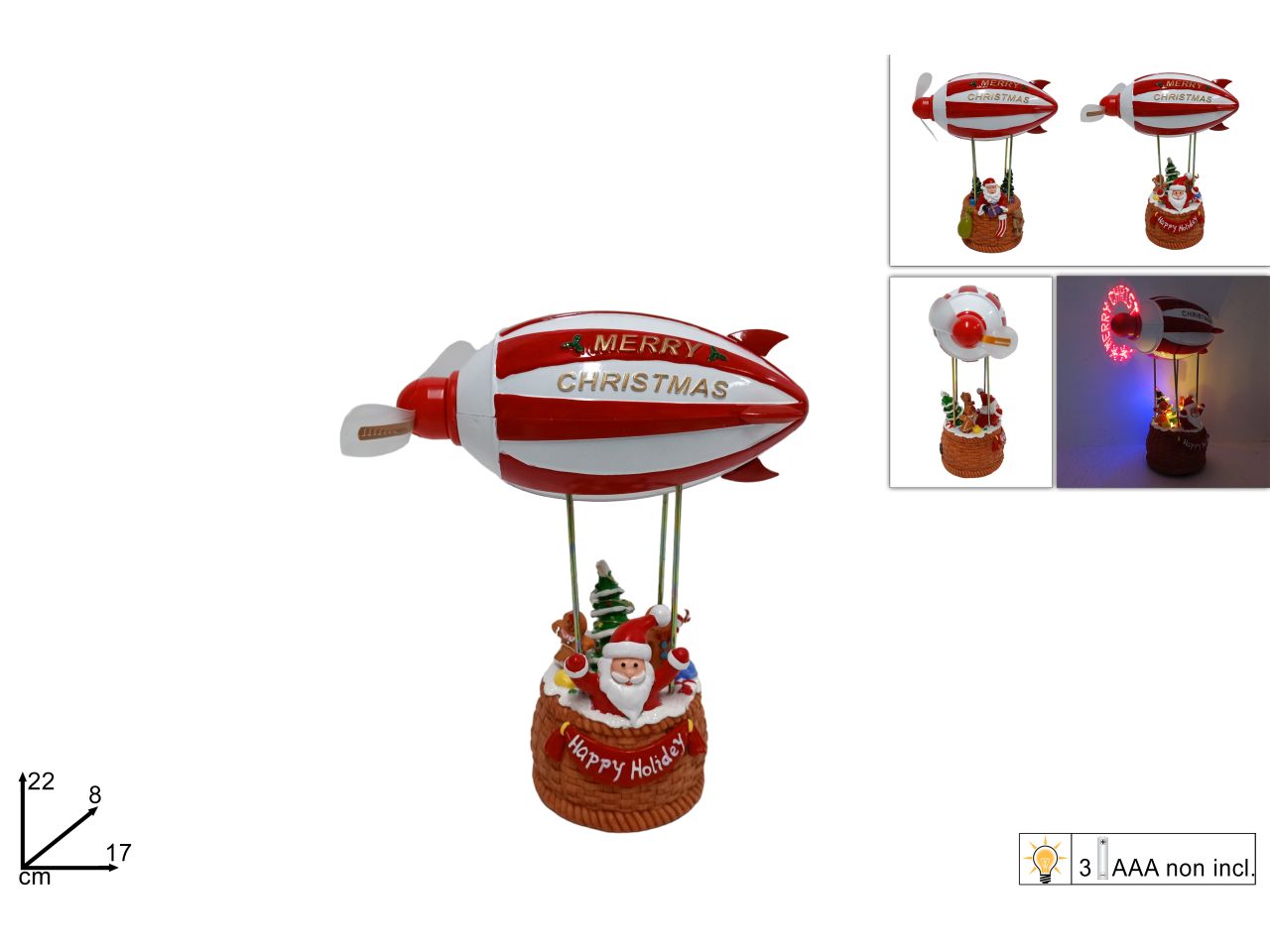 Giostrina dirigibile con babbo natale con luci e scritta merry christmas in 2 assortimenti
