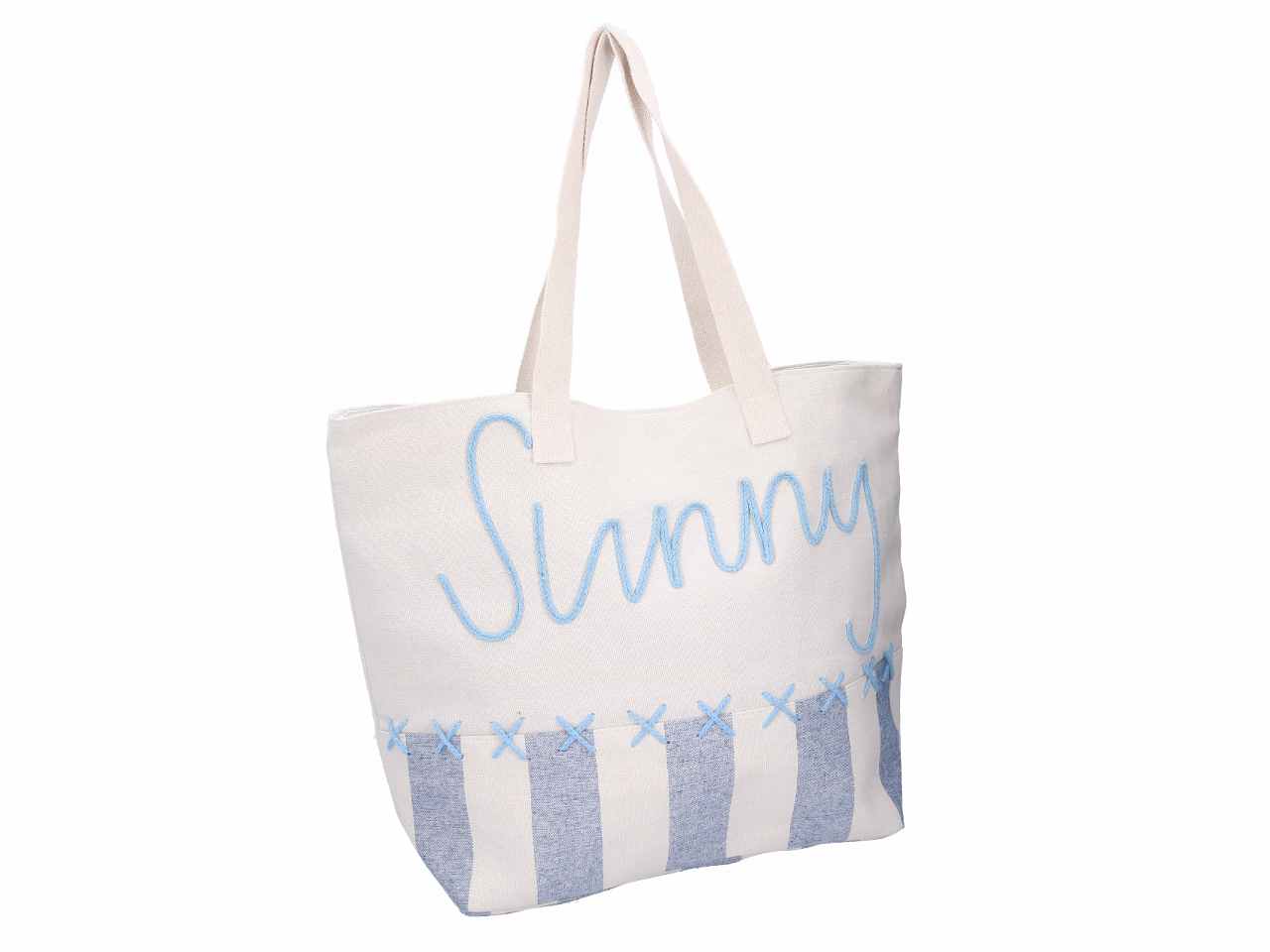 Borsa spiaggia con ricamo azzurro in tessuto