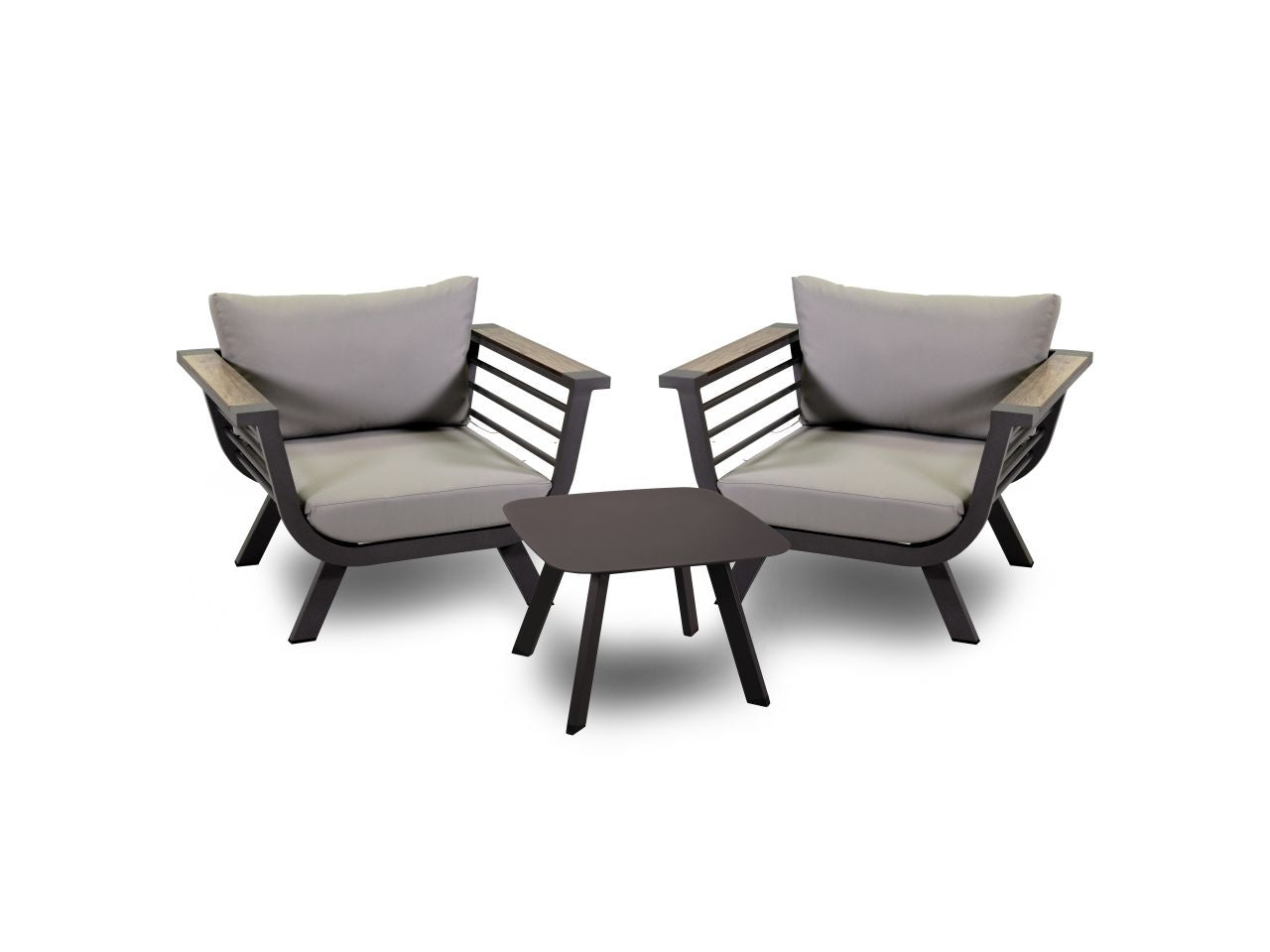 Salotto riverside in alluminio tortora con cuscini crema e bracciolo in hpl composto da due poltrone e tavolino