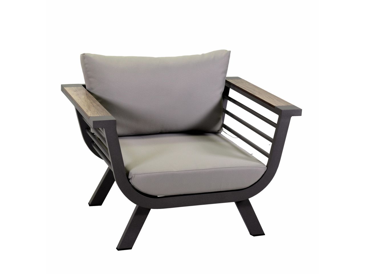 Salotto riverside in alluminio tortora con cuscini crema e bracciolo in hpl composto da due poltrone e tavolino