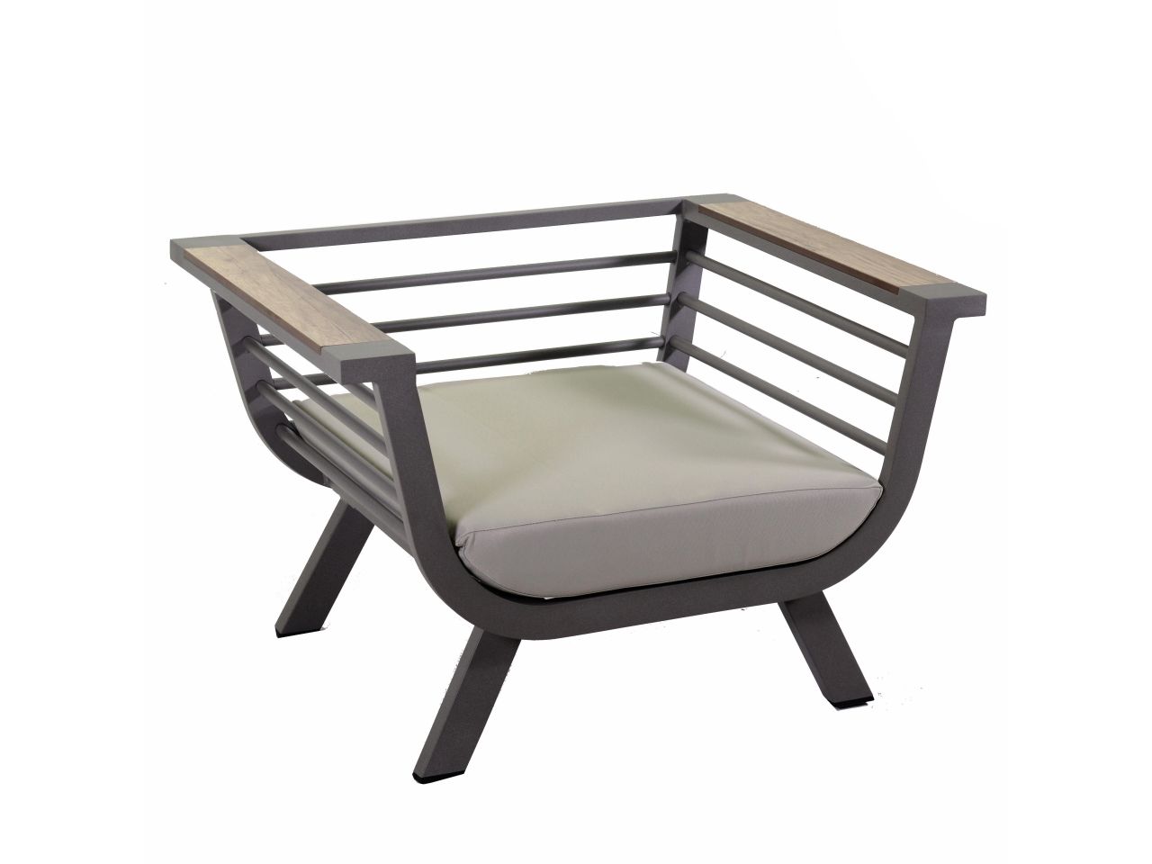 Salotto riverside in alluminio tortora con cuscini crema e bracciolo in hpl composto da due poltrone e tavolino
