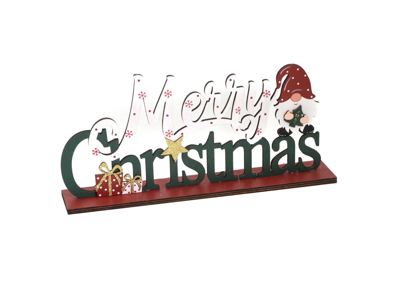 Scritta marry christmas in legno con gnomo rosso misura 28x5xh.13cm
