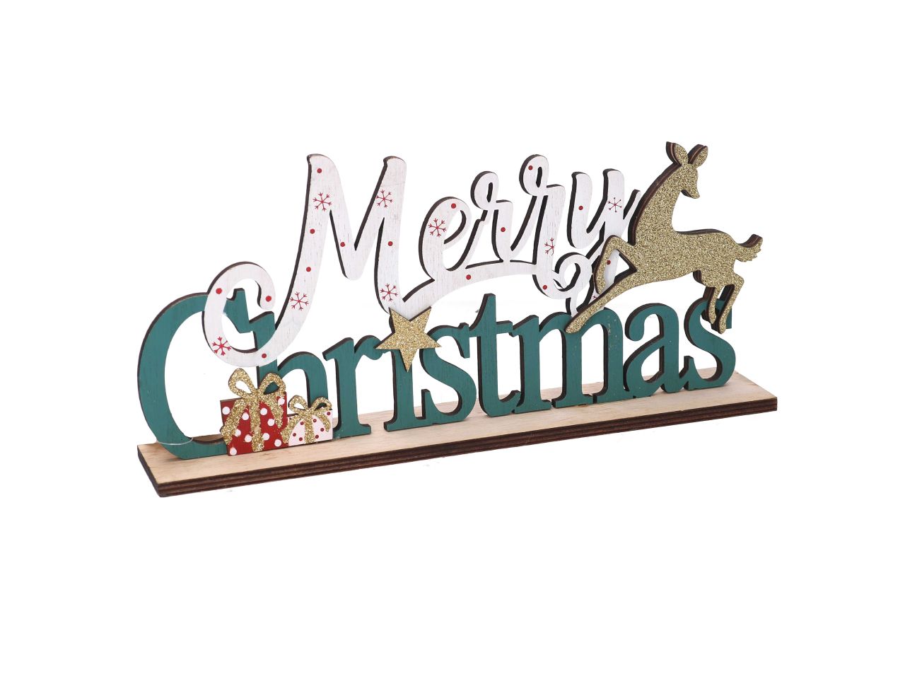 Scritta marry christmas in legno con renna colore verde misura 28x5xh.13cm