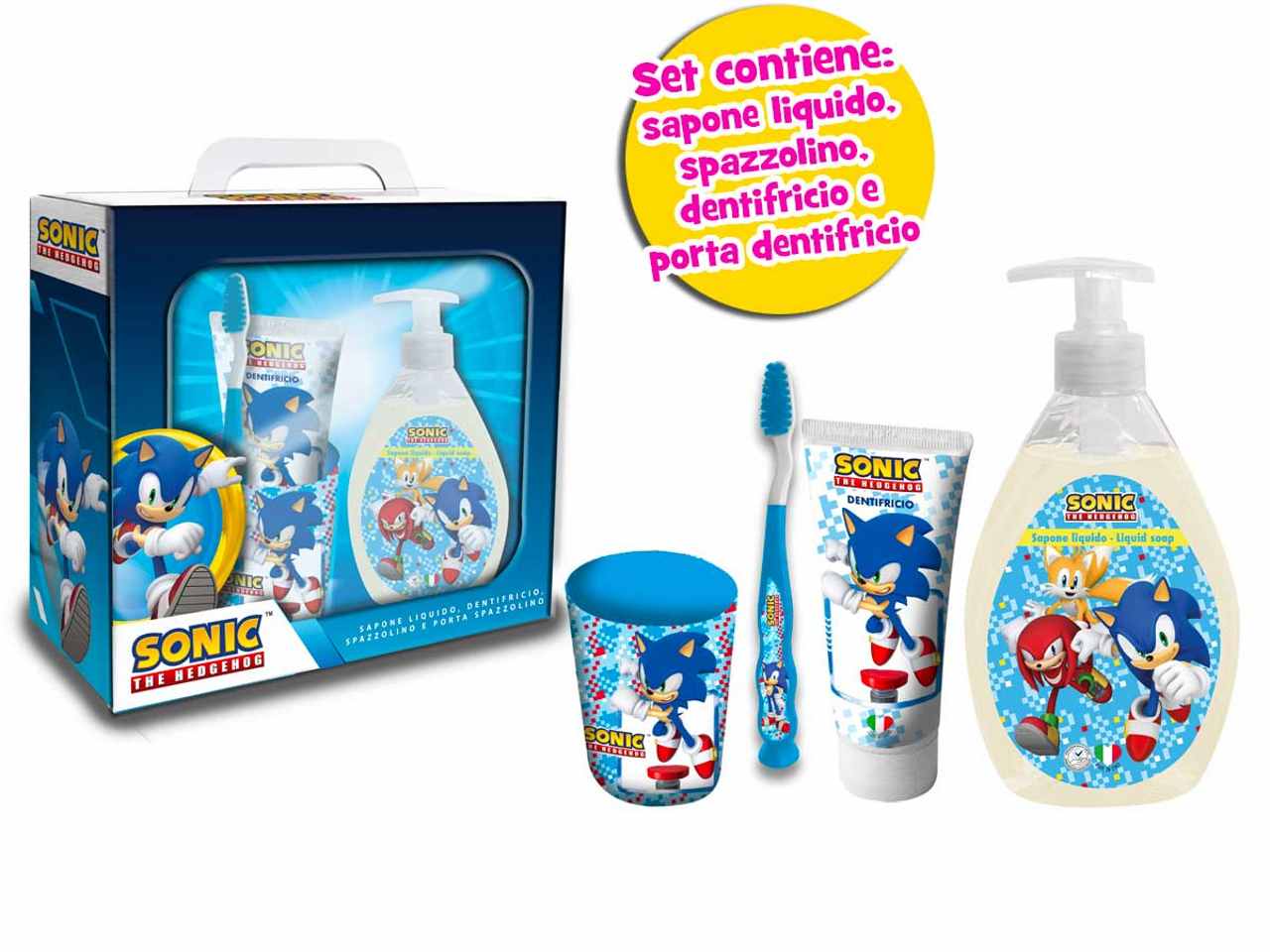 sonic set regalo. contenuto: sapone mani, spazzolino, dentrificio, porta dentifricio
