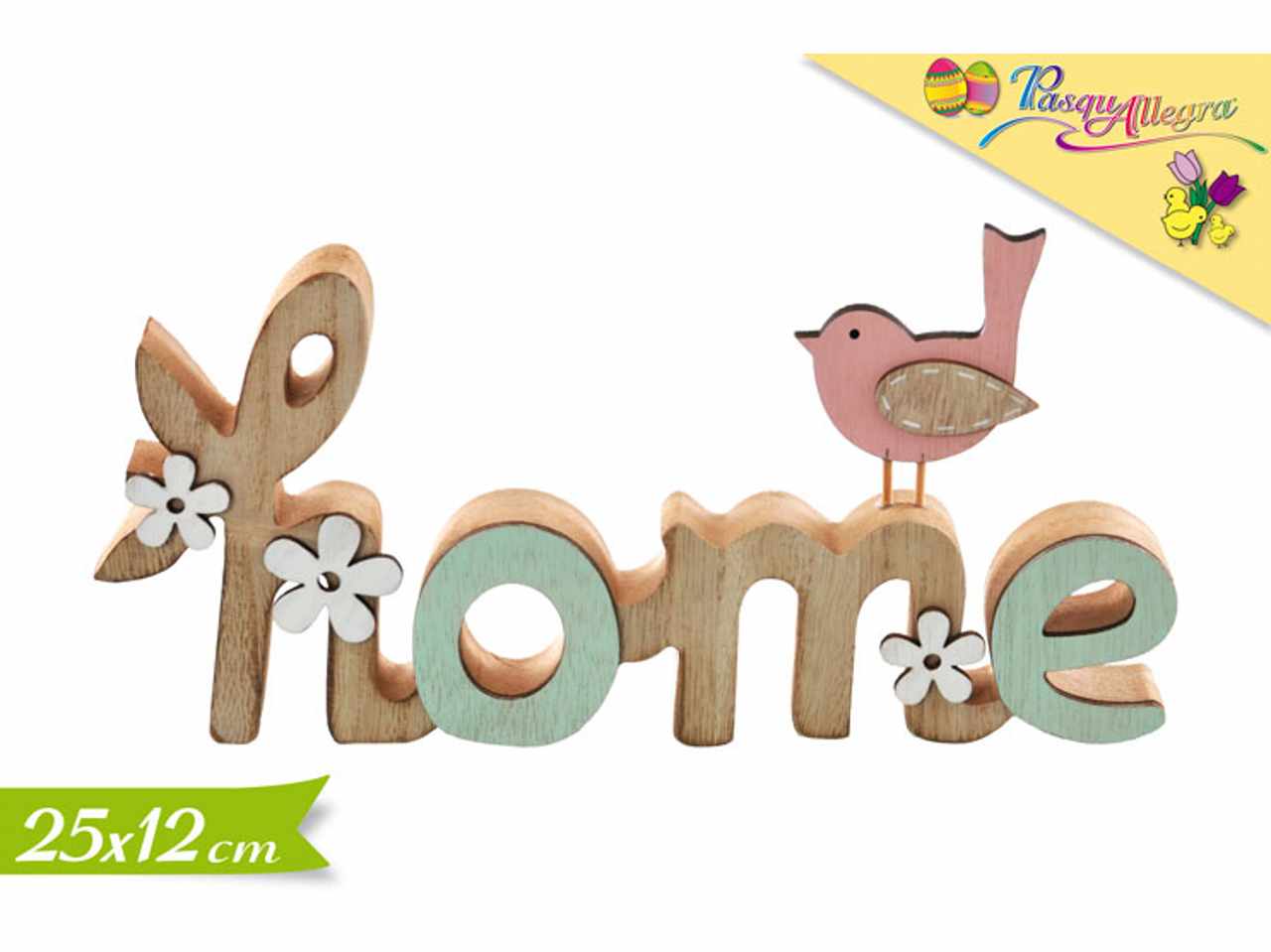 SCRITTA DECORATIVA HOME CON FIORI E UCCELLINO 25X12CM