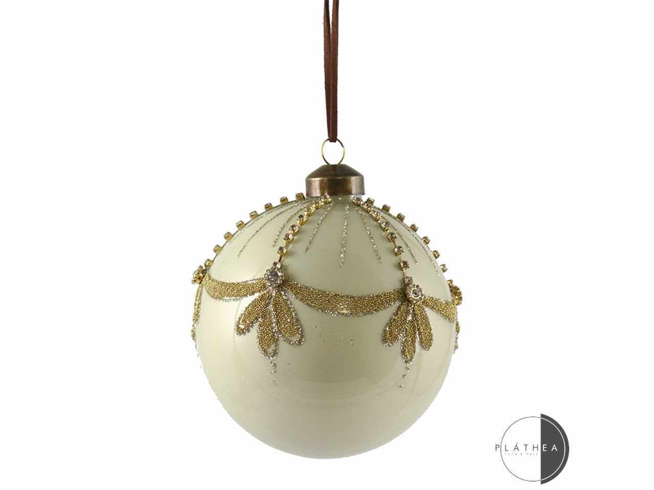 Sfera in vetro avorio con decorazioni oro d.12cm