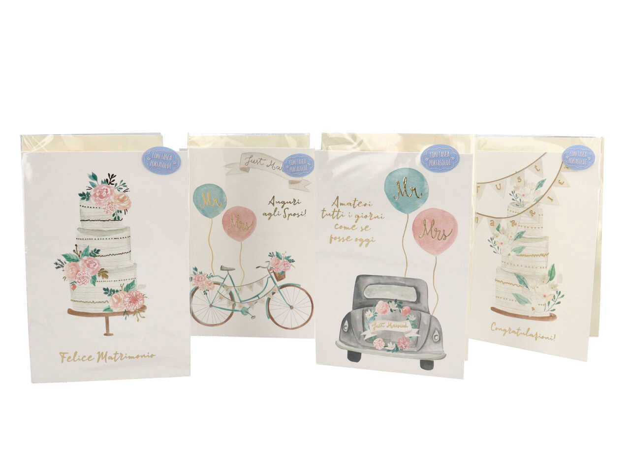 Biglietti per matrimonio linea cartomania greetings carta groffata e foil con tasca portasoldi e busta misura 11,8x16,8cm