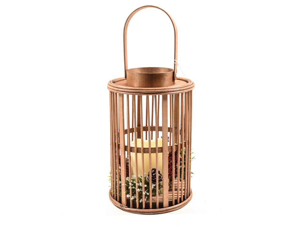 Lanterna in legno e bambu' con candela led e corona natalizia misura h.25xd.16cm