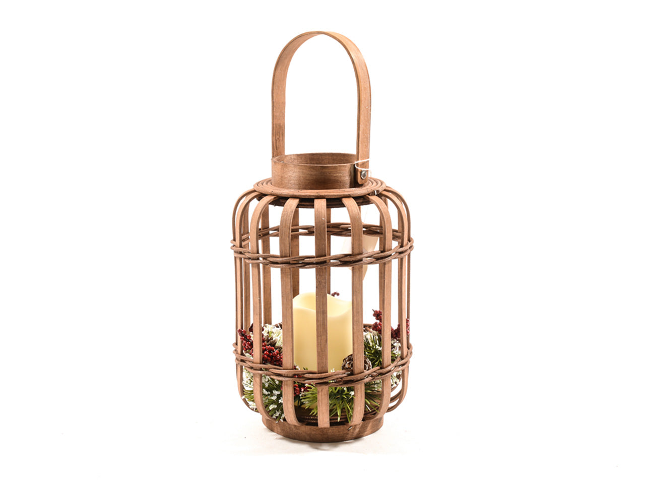 Lanterna in legno e bambu' con candela led e corona natalizia misura h.25xd.17cm
