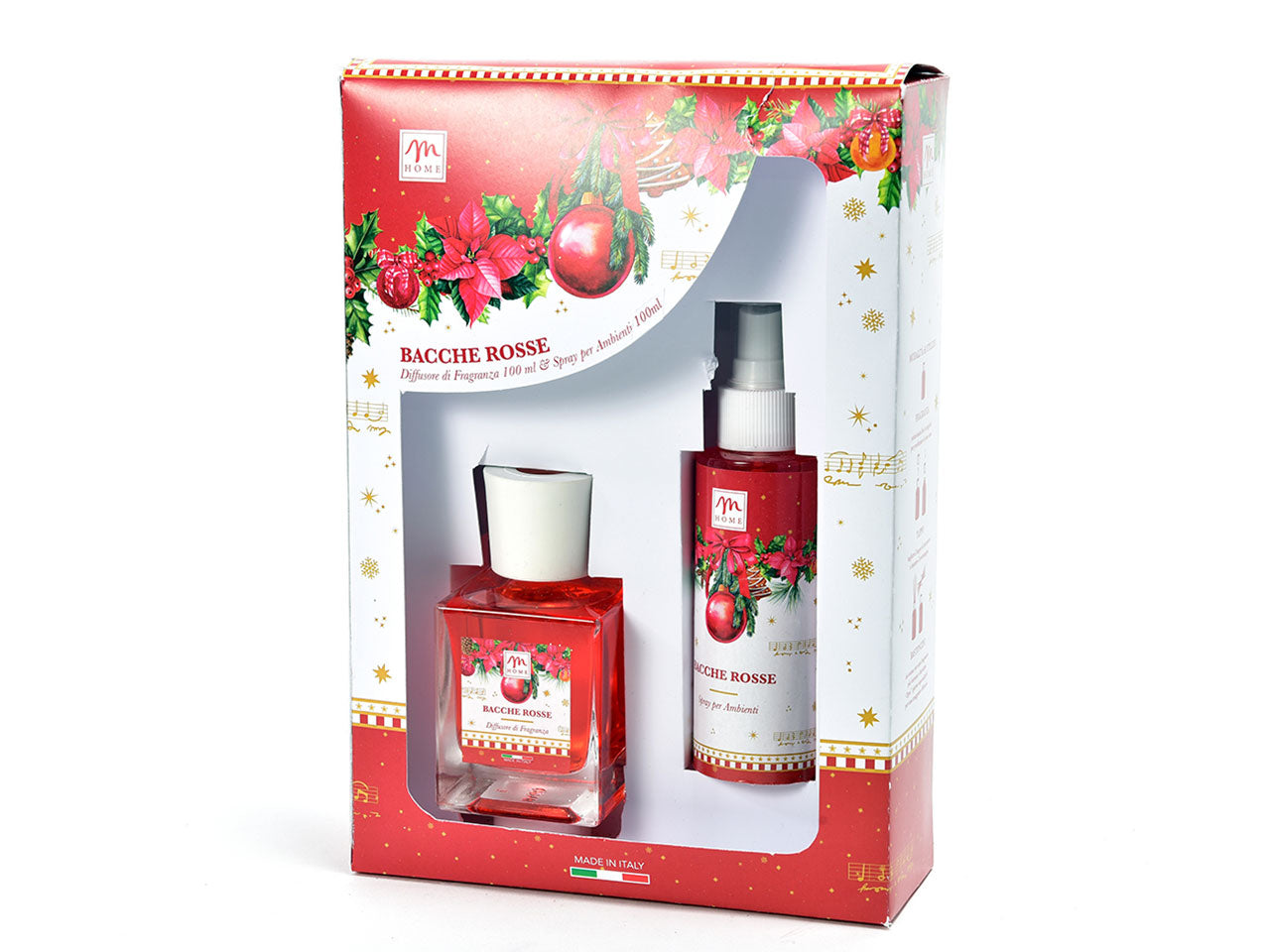 christmas dream in set da 2, diffusore di essenza 100ml e spray 100ml fragranza bacche rosse con bacchette in cotone in scatola regalo