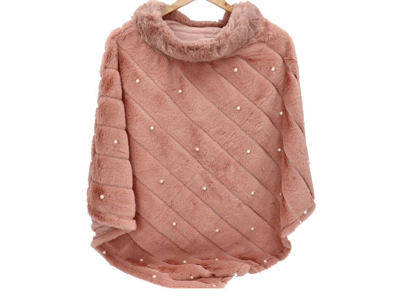 Poncho in pelo ecologico, perle e collo rosa 100% poliestere