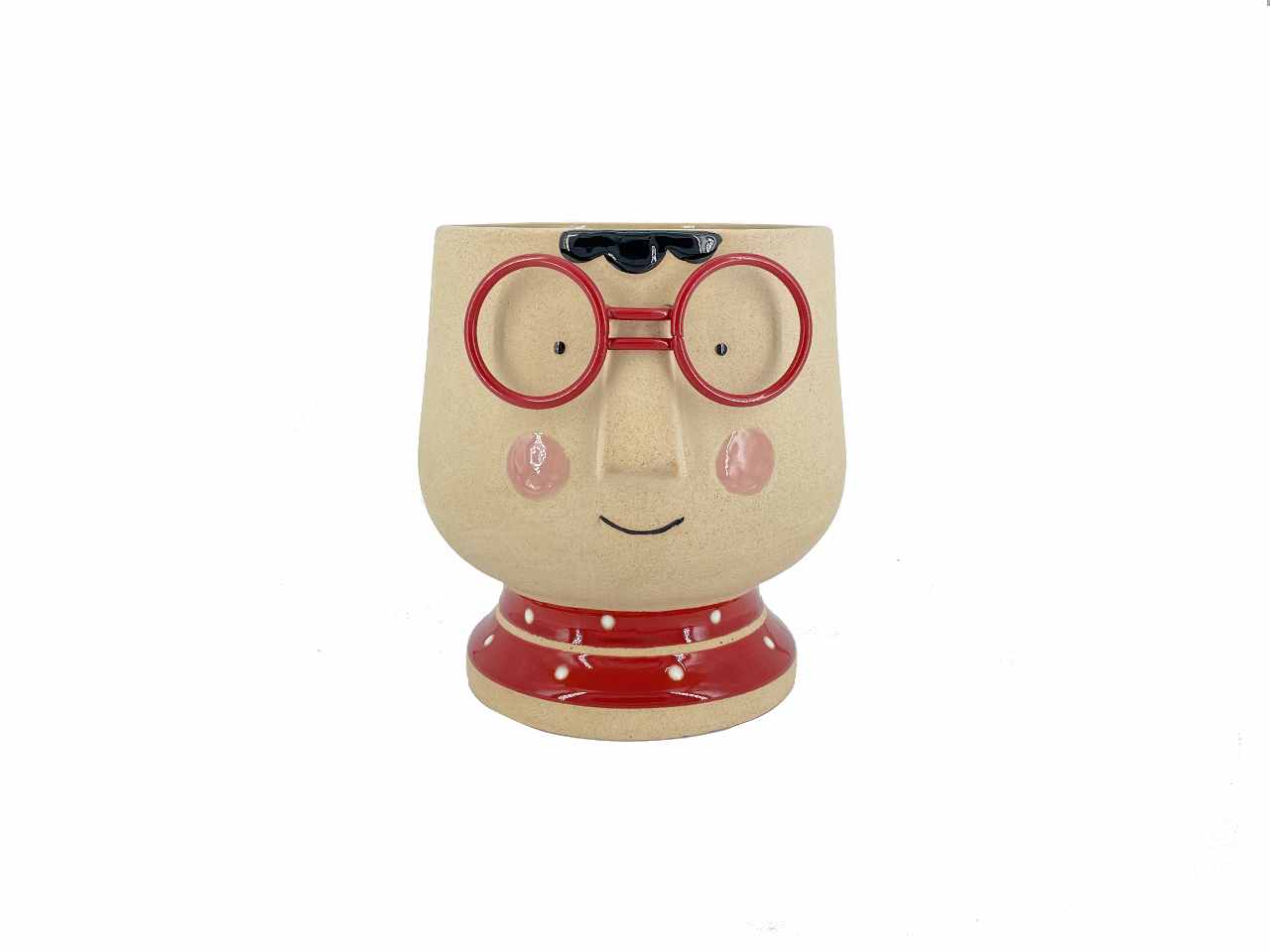 Vaso testa bambino in ceramica con vestito pois e occhiali rossi 15,7x14,8xh.16,2cm