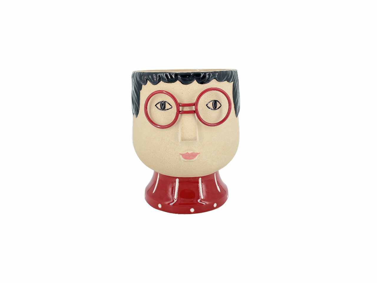 Vaso testa bambino in ceramica con vestito pois e occhiali rossi 15,5x15xh.18cm