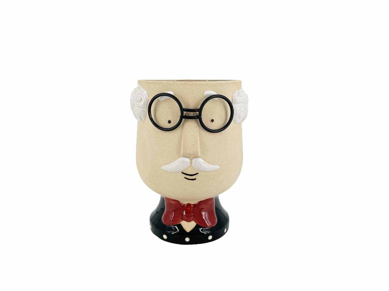 Vaso testa signore in ceramica con papillon rosso e occhiali neri 16,5x15,7xh21,5cm