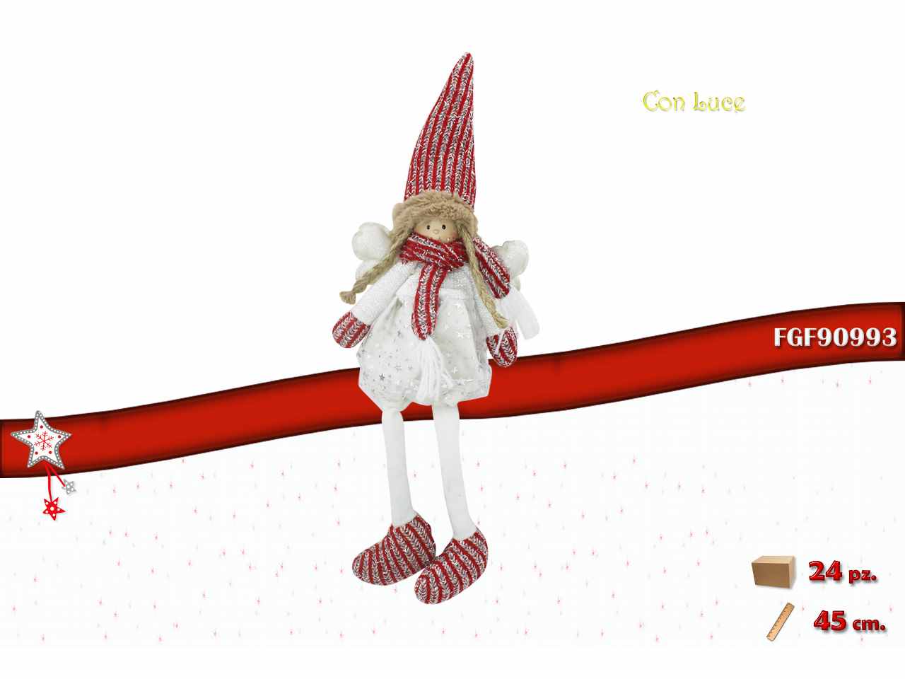 Fatina in tessuto con led bianco rossa 16x14x45cm