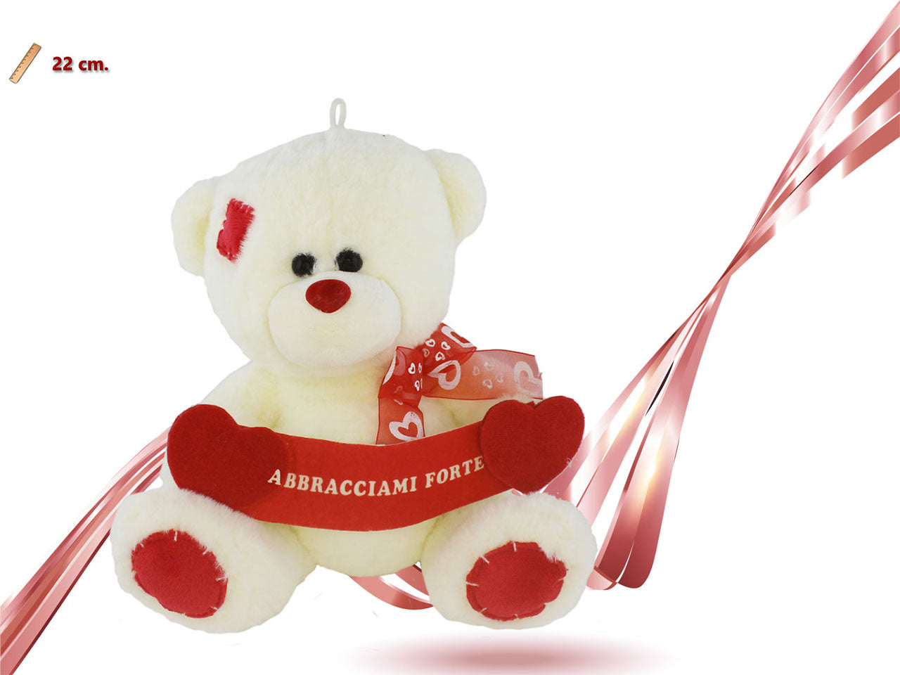 Peluche orso con fiocco e doppio cuore 22cm