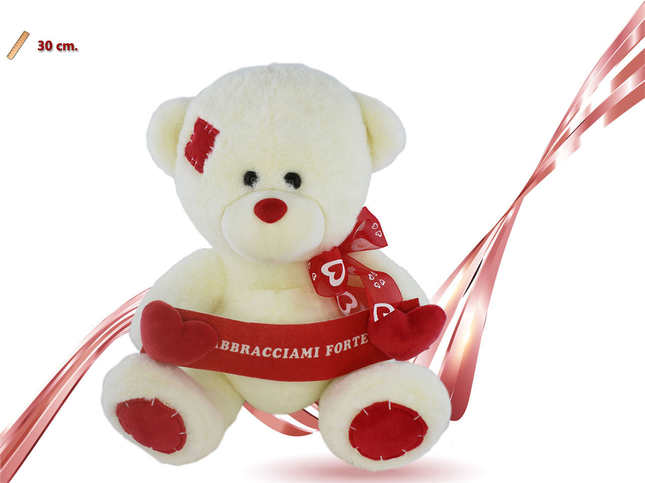 Peluche orso con fiocco e doppio cuore 30cm