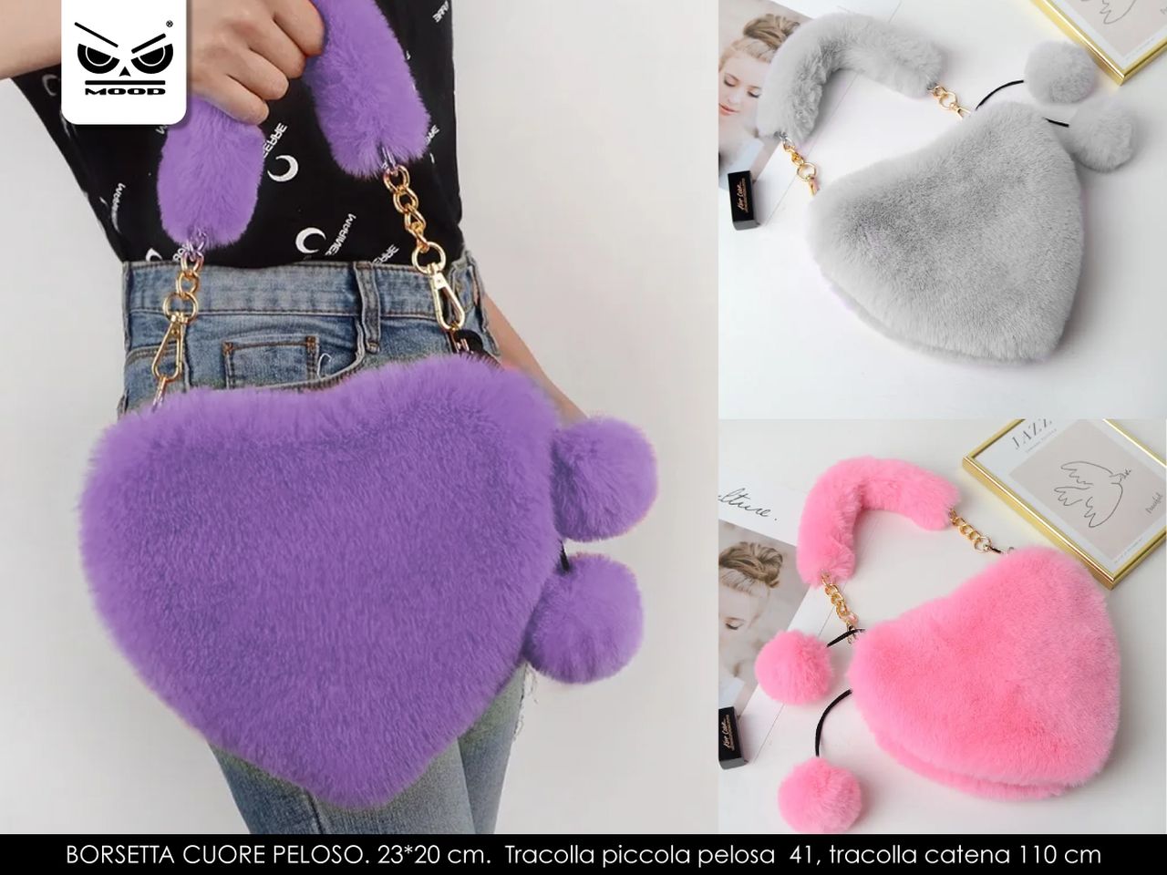 Borsetta cuore peloso misura 23x20cm tracolla pelosa 41cm tracolla catena 110cm