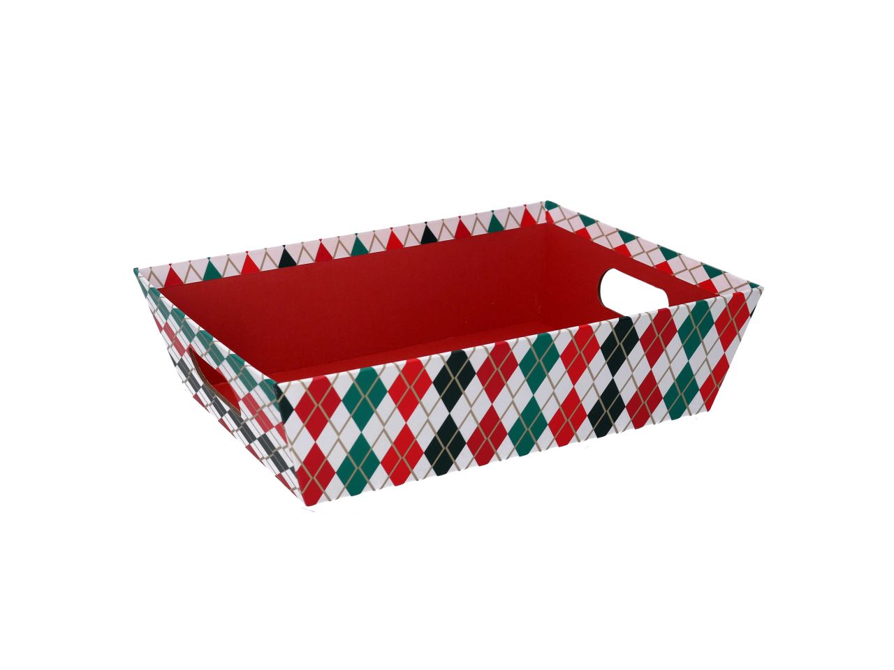 Cesta in cartone a rombi colore rosso e verde forma rettangolare misura 38x27xh.7cm