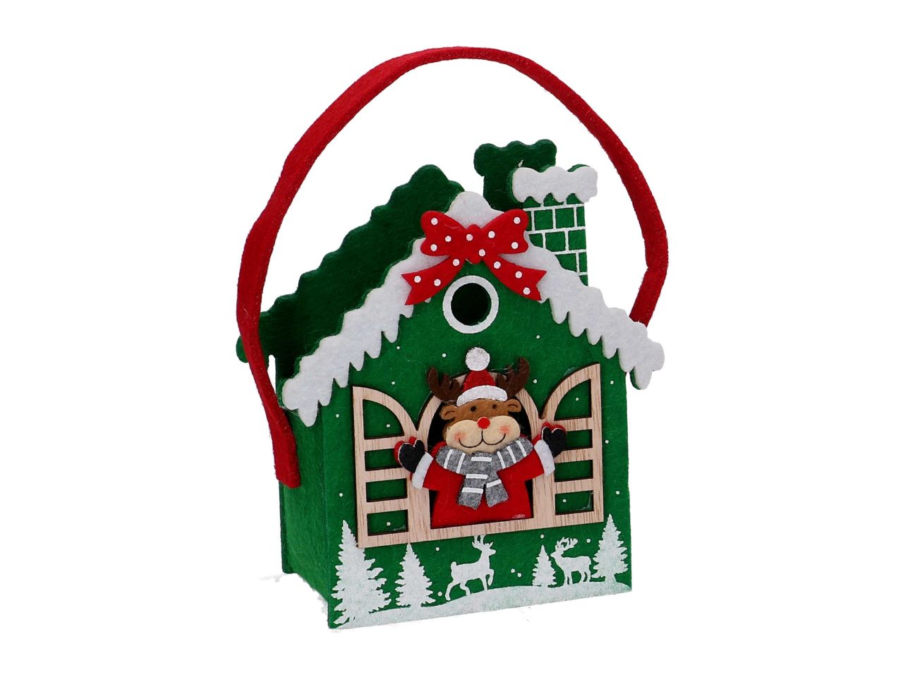 Cestino in tessuto e feltro a forma di casa e renna verde misura 12,5x6,5xh.14,5cm
