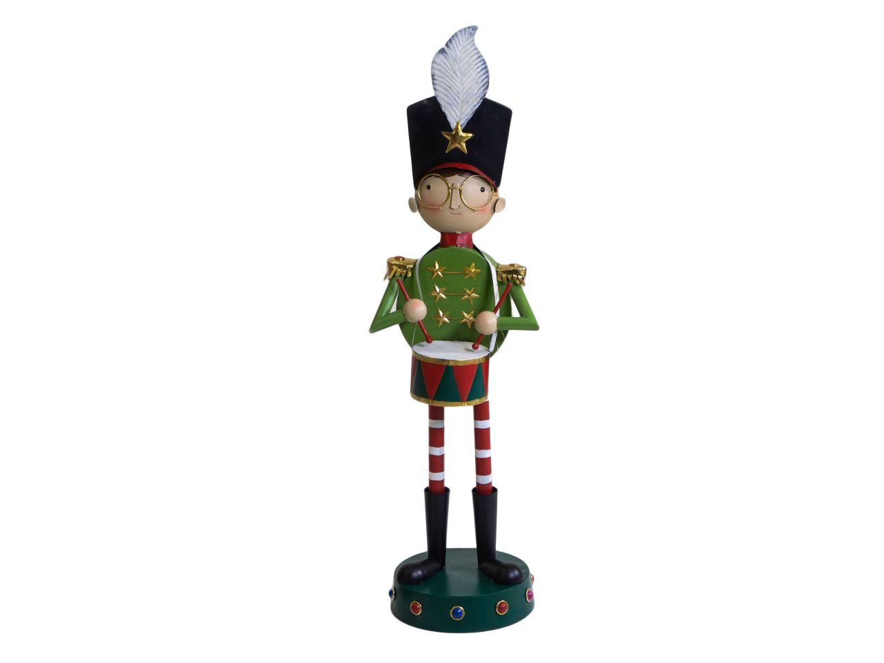 Statua in metallo a forma di bambino con tamburo colore verde misura 30,5x26,7xh.109,2cm
