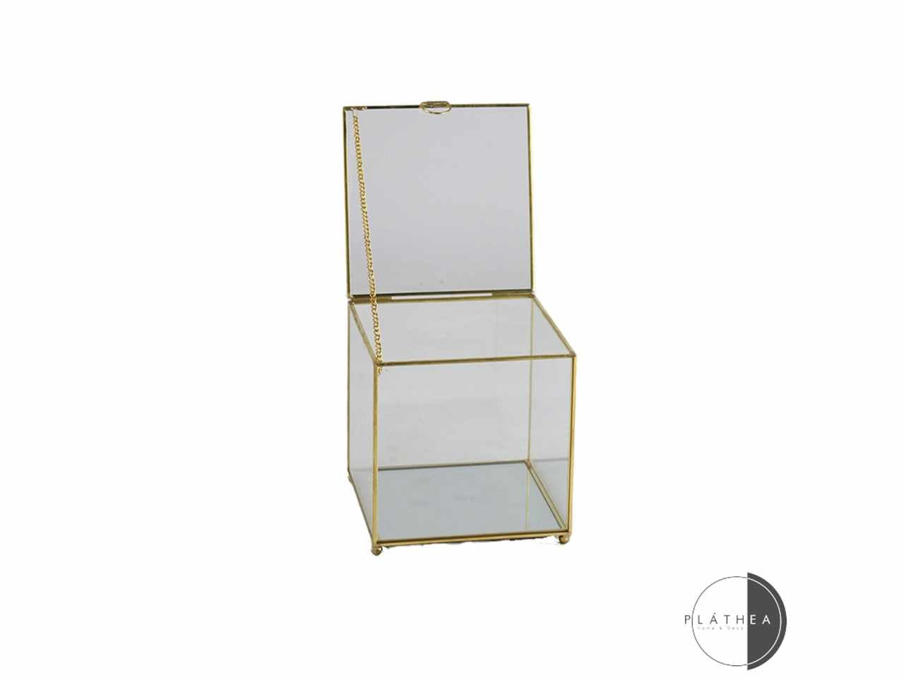 Scatolina in vetro 10x10x10,5cm con bordino in metallo oro