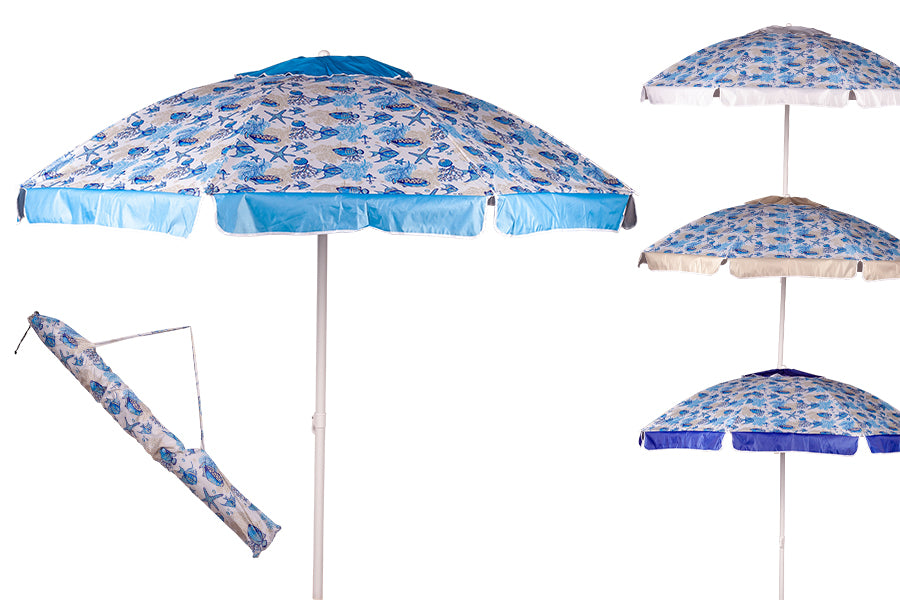 Ombrellone da spiaggia con fantasia pesci e telo in nylon e poliestere 180/32/32, palo in alluminio centrale - disponibile in 4 colori