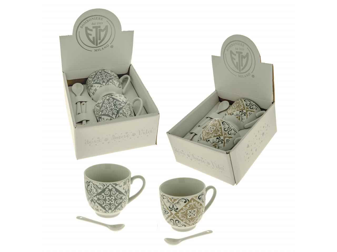 SET PER CAPPUCCINO PONZA TAZZE E CUCCHIAINI 2 ASSORTIMENTI H7CM CON BOX