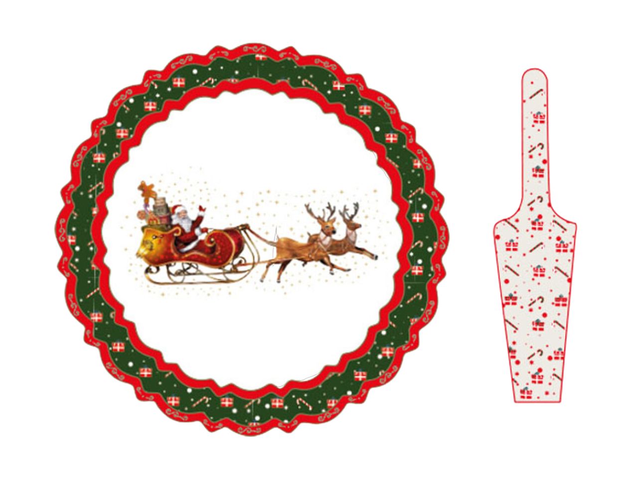 Piatto da panettone con paletta e decorazioni natalizie in porcellana misura piatto d.30cm paletta 25cm
