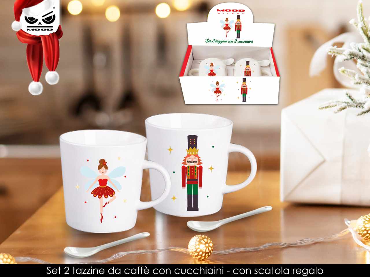 Set 2 tazzine con due cucchiaini in ceramica decoro ballerina schiaccianoci.