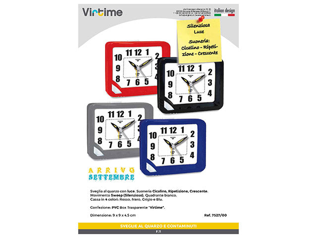 Sveglia al quarzo square con luce movimento silenzioso cicalino crescente in  4 colori assortiti