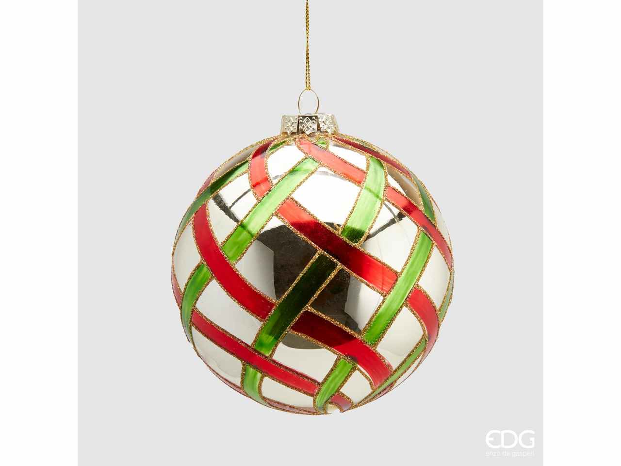 Palla in vetro d.12cm con intrecci oro /rosso e verde