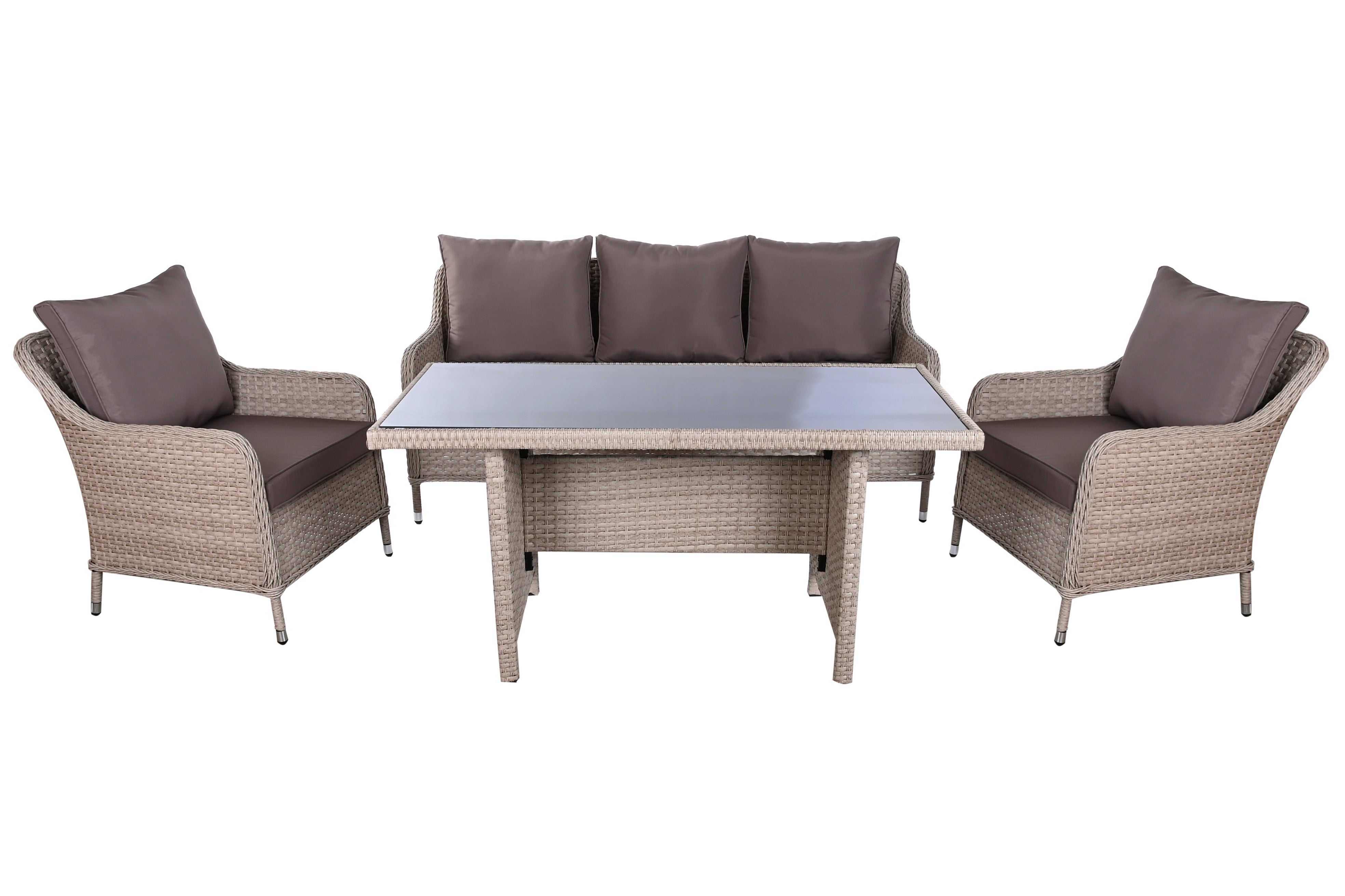 Tavola set da 2 poltrone 1 divano 1 tavolo in rattan sintetico e acciaio 175x73x81cm