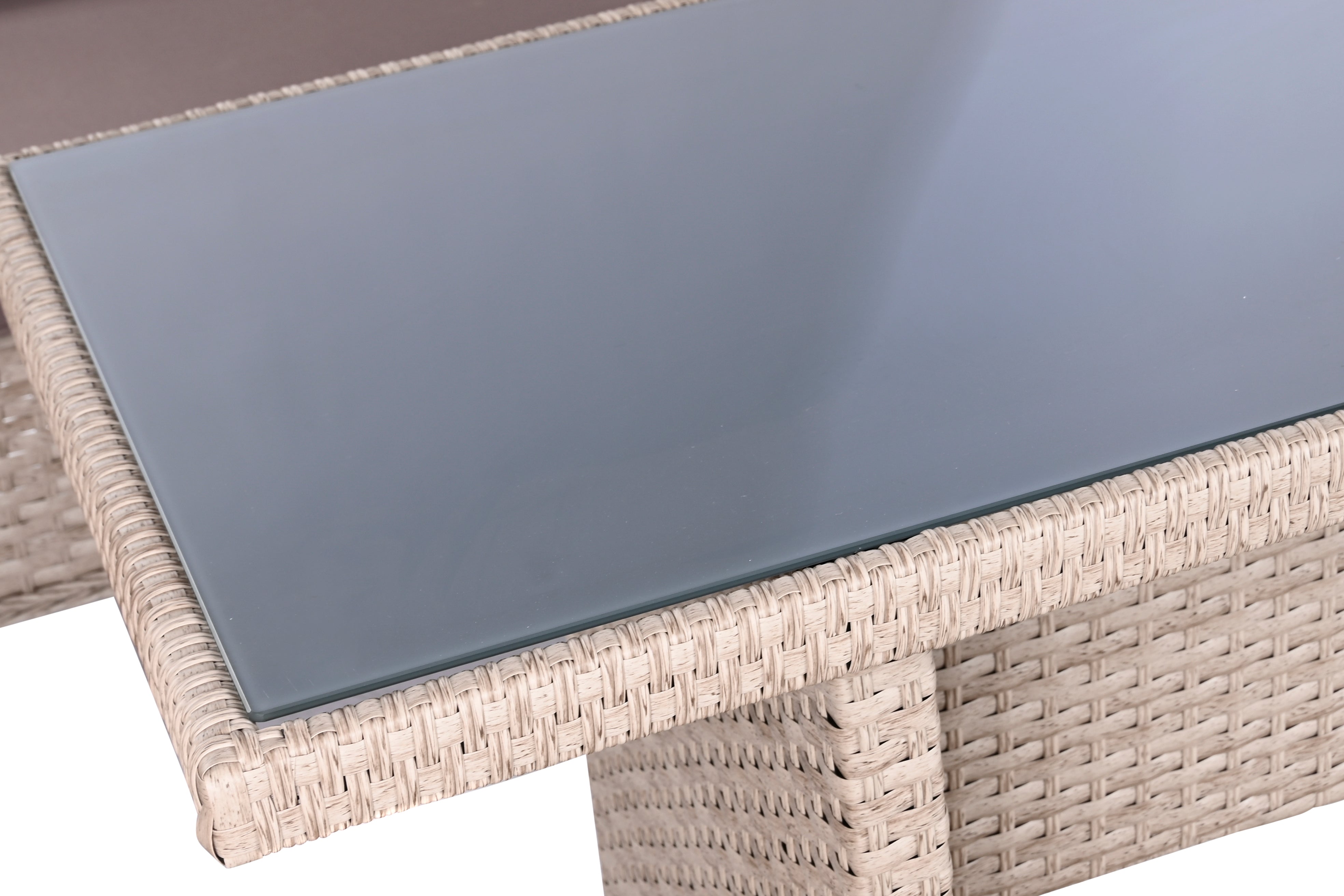 Tavola set da 2 poltrone 1 divano 1 tavolo in rattan sintetico e acciaio 175x73x81cm
