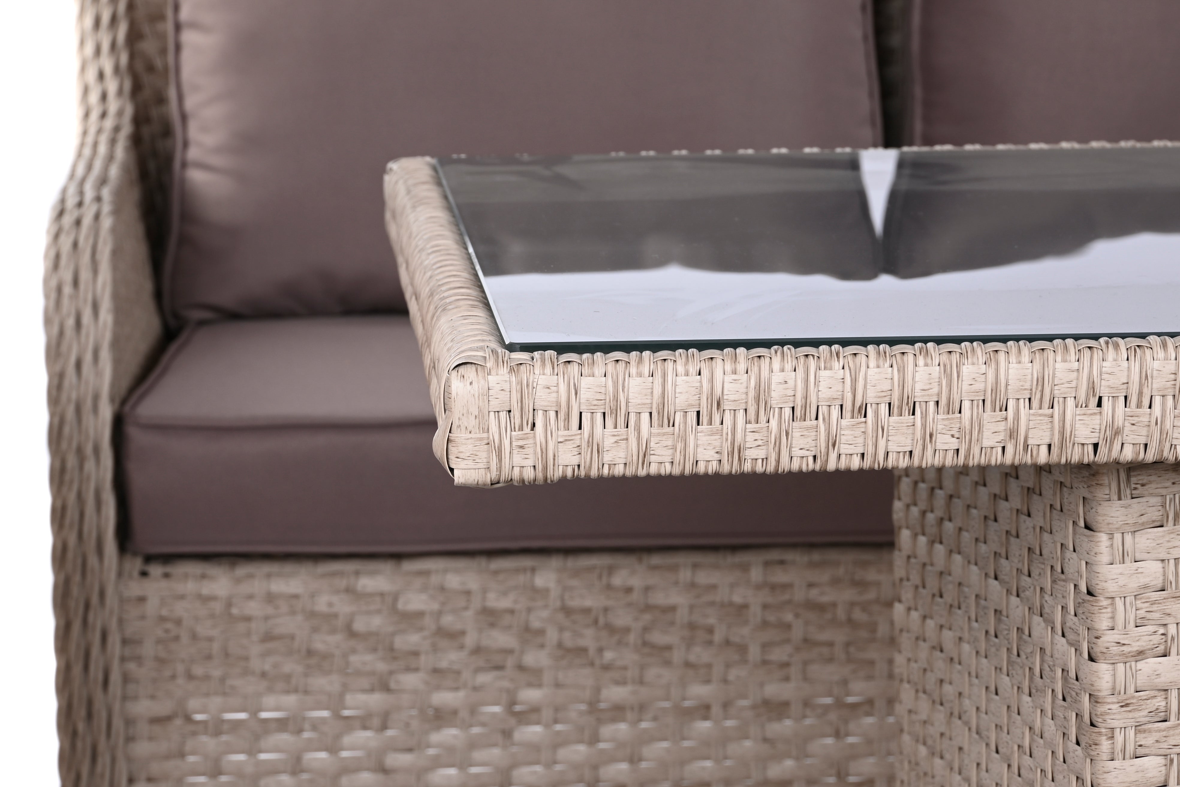 Tavola set da 2 poltrone 1 divano 1 tavolo in rattan sintetico e acciaio 175x73x81cm