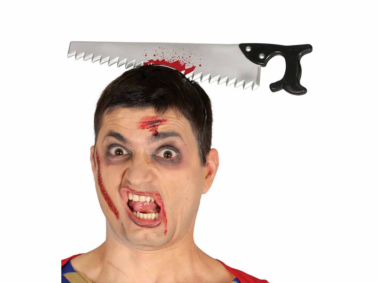 Cerchietto diadema effetto sega conficcata in testa per travestimento horror