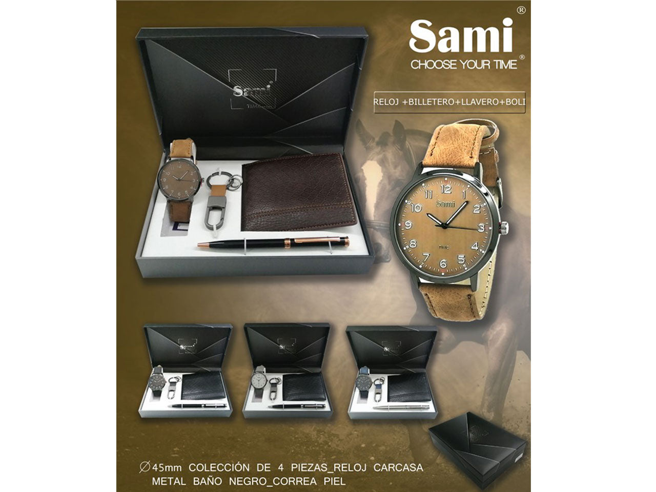 Sami set da uomo orologio misura d.45mm, portafogli, portachiavi e penna